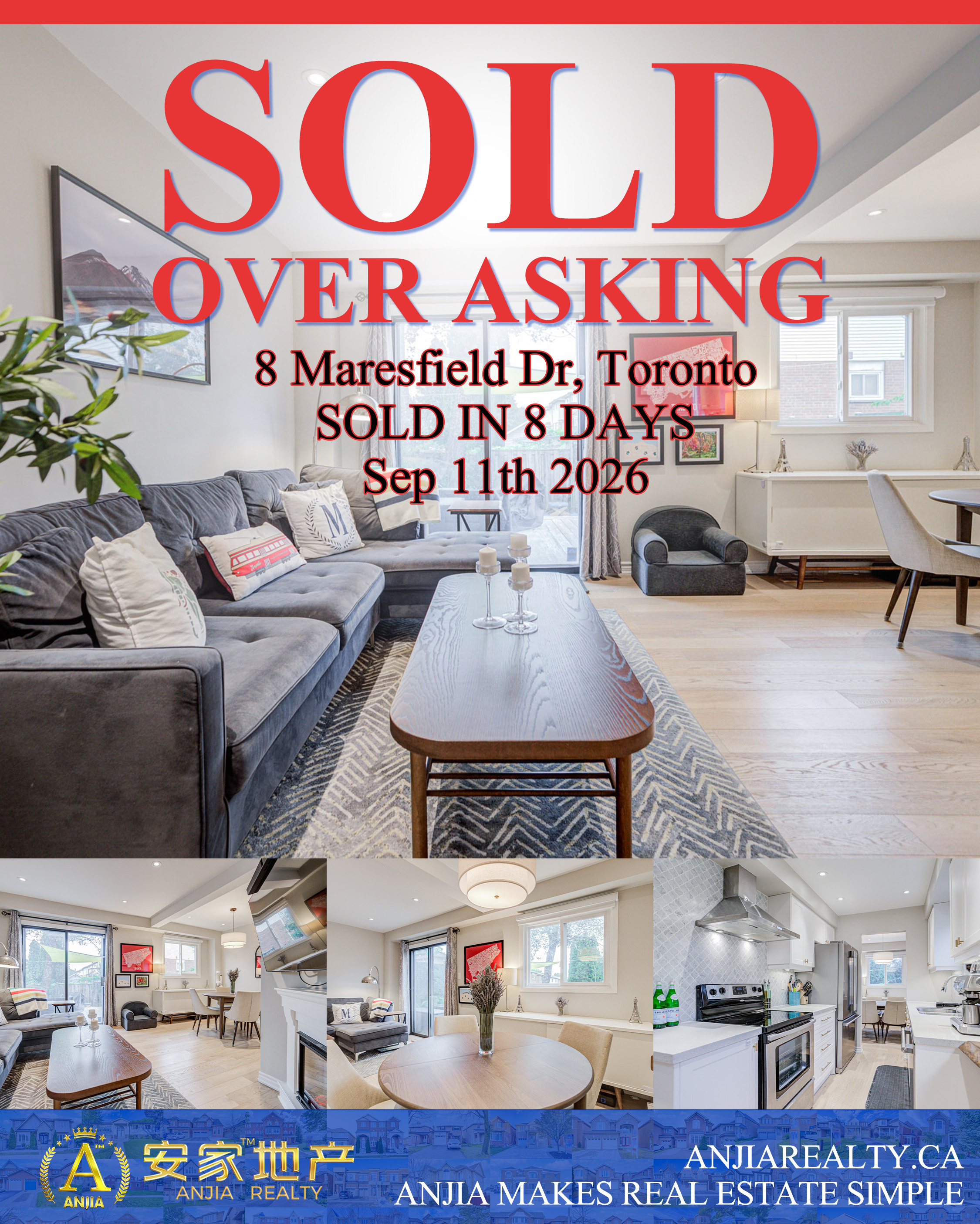 8 Maresfield Drive, Toronto, sold over asking in 8 days through Anjia Realty on September 11, 2026