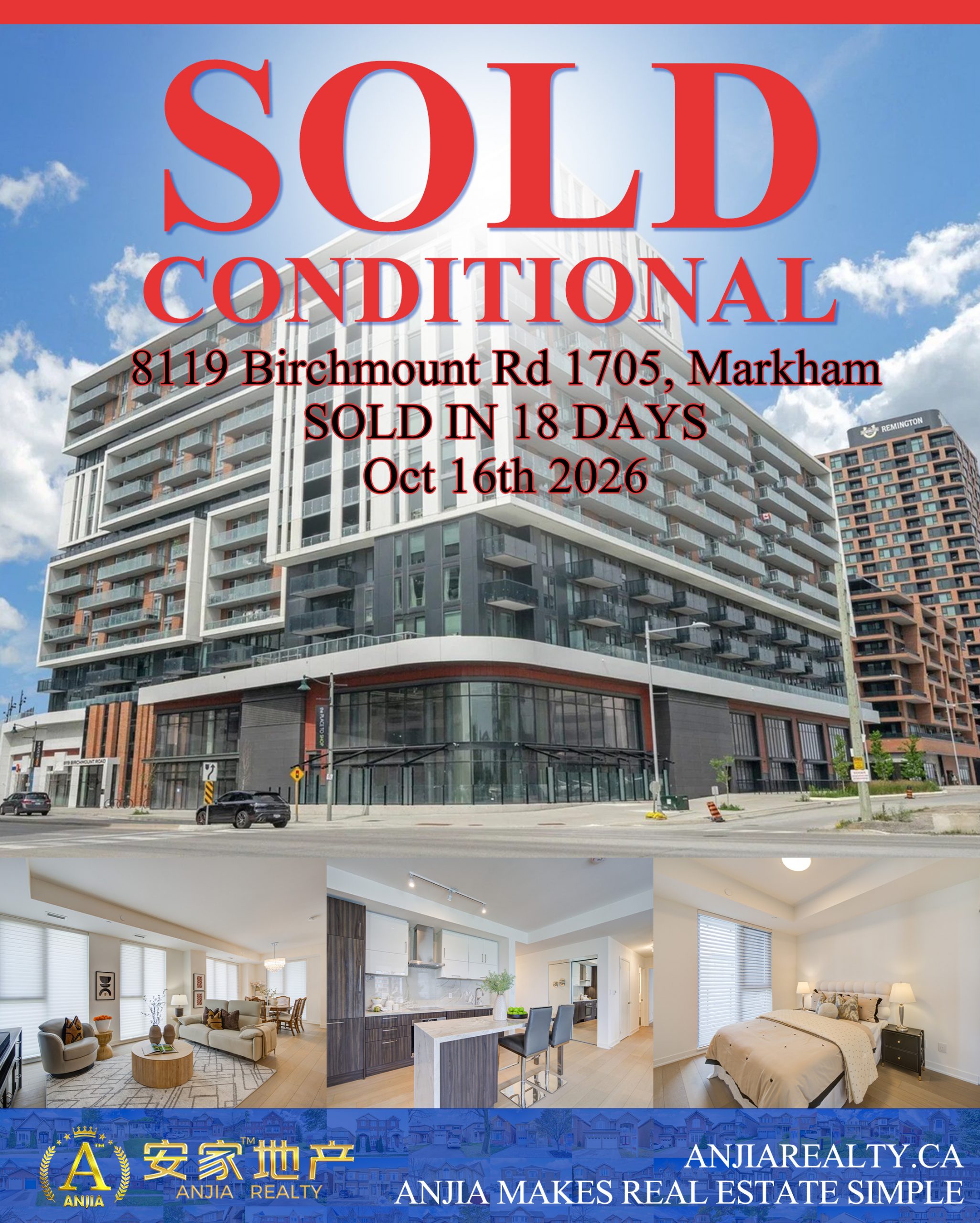 Unit 1705, 8119 Birchmount Road，万锦，安家地产2026年有条件售出，18天成交